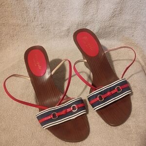 Kate Spade Vintage Red, Navy & White Striped Wooden Wedge Sandals